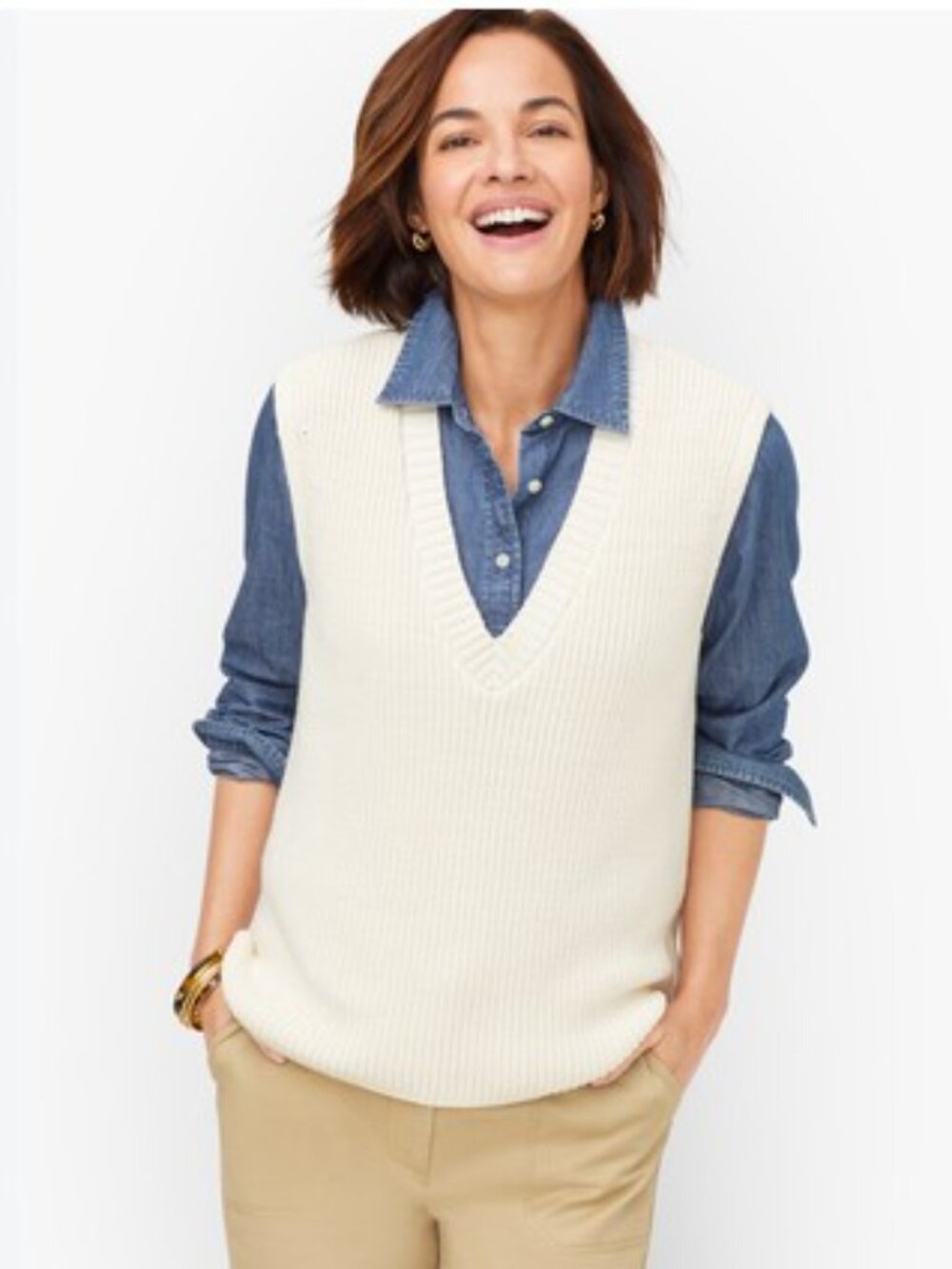 Talbots Women's 3X Knit V-Neck Sweater Vest Cream Layering Everyday Wear NWT $99
